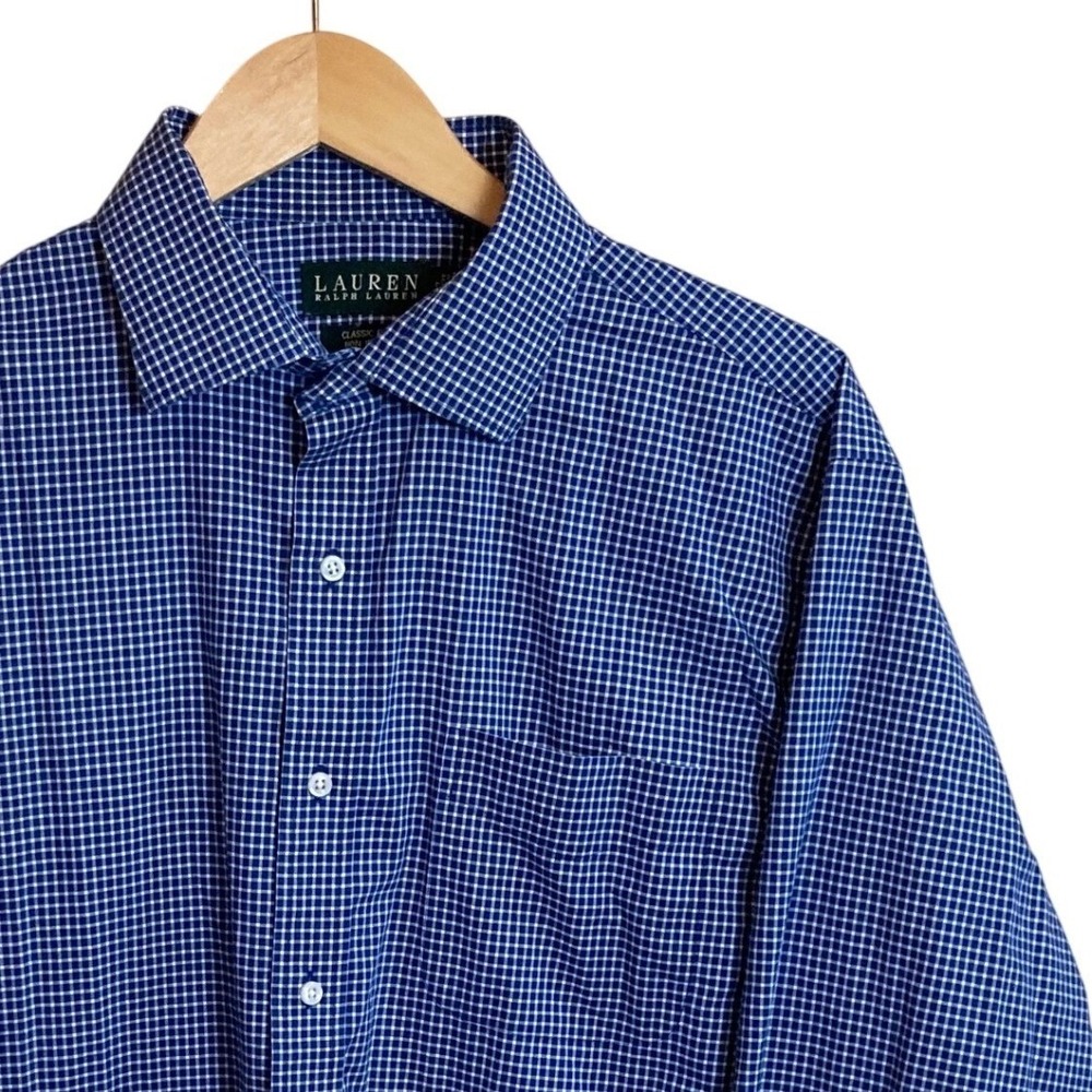 Lauren Ralph Lauren Button Up L/S Mens 17 34/35 Blue Gingham Non Iron Cotton